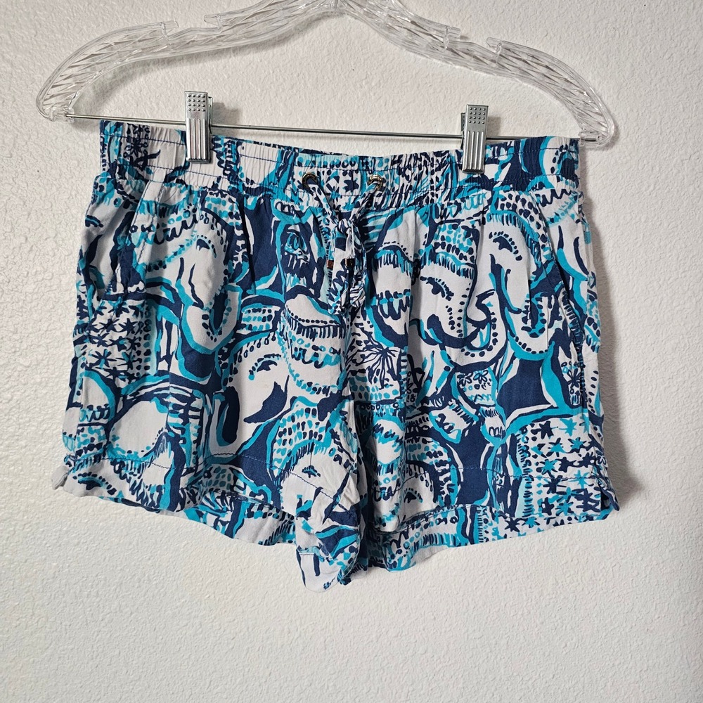 Lilly Pulitzer Callahan Shorts Blue White Elephant Print Rayon Elastic Waist S